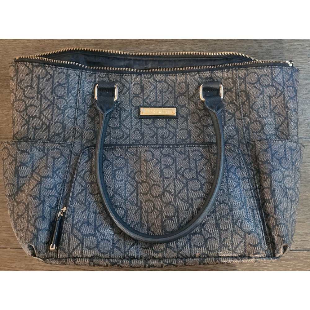 Calvin Klein Monogram Logo Tote Bag Brown Black Gold Tone Hardware Shoulder Bag